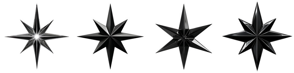 Fototapeta premium Set of Shiny 3D Black Star Symbols, isolated on a transparent background.