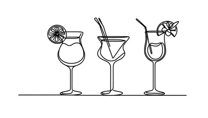 Simple Continuous one line drawing  illustration of a glass of champagne and cocktails . Transparent background png file