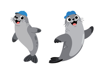 Two cute seal cartoon characters with happy faces and blue hats.