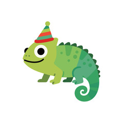 Cute chameleon cartoon character with a happy face and a party hat.