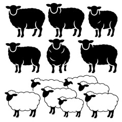 Sheep black silhouettes set isolated on white background. Vector illustration