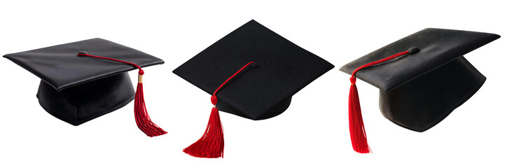 Set of Black Graduation Caps with Red Tassels, isolated on a transparent background.