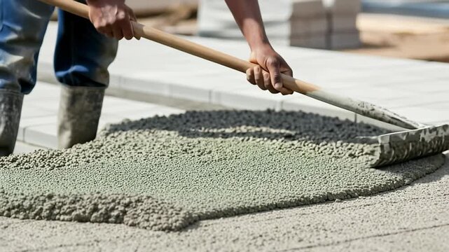 Concrete workers distribute material evenly using tools at a construction site during daylight hours