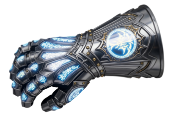 A detailed portrayal of a metallic gauntlet, adorned with intricate designs and glowing blue accents, presented against a black backdrop.