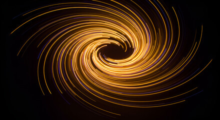 Abstract golden light trails spiral against a dark background illustration