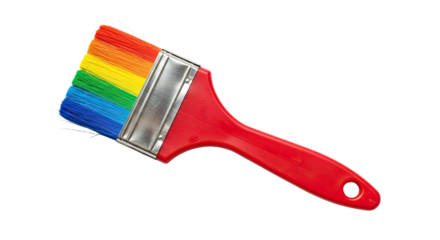 Rainbow paintbrush red handle isolated white.