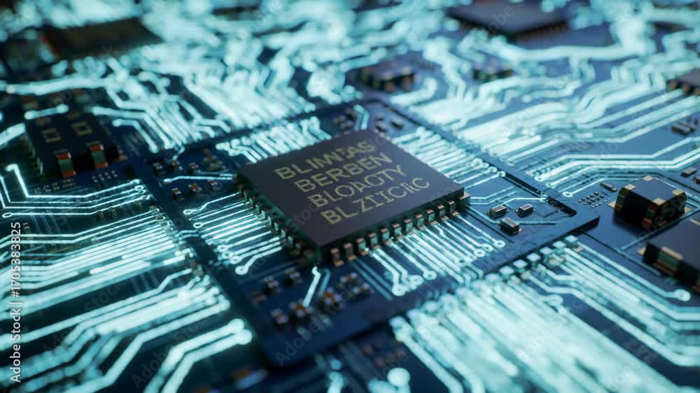Poster close-up of illuminated motherboard with microchip, circuit board and technology background.