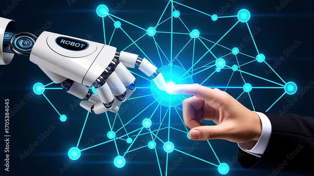 Poster robot hand touching human finger artificial intelligence ai technology connection future tech