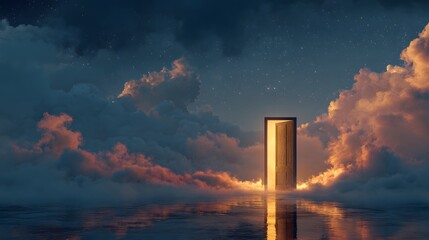 Obraz premium Surreal glowing door in the sky among clouds as symbol of opportunity and hope