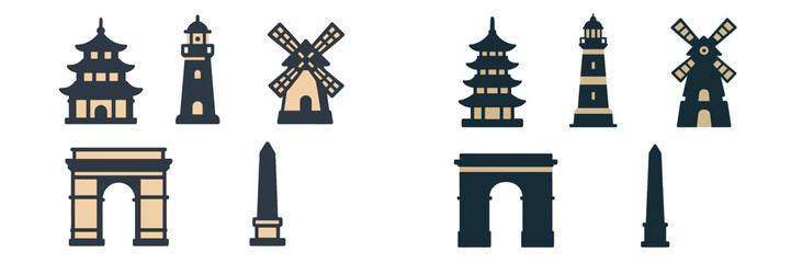 Famous architectural landmarks and structures in a flat design style