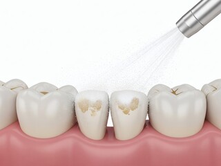  Oral hygiene: Air flow teeth cleaning process. Dental 3D illustration 