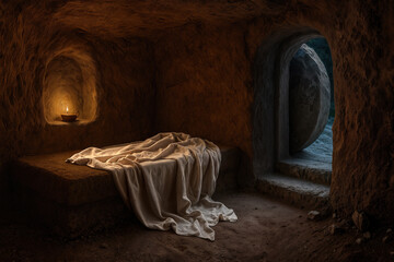 The empty tomb of Jesus, containing only a stone slab and a shroud. Jesus Christ is risen, his tomb is empty.