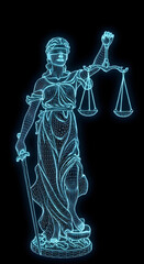 3d blue wireframe of lady justice, law technology background