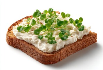 Toasted bread slice topped with creamy spread and microgreens