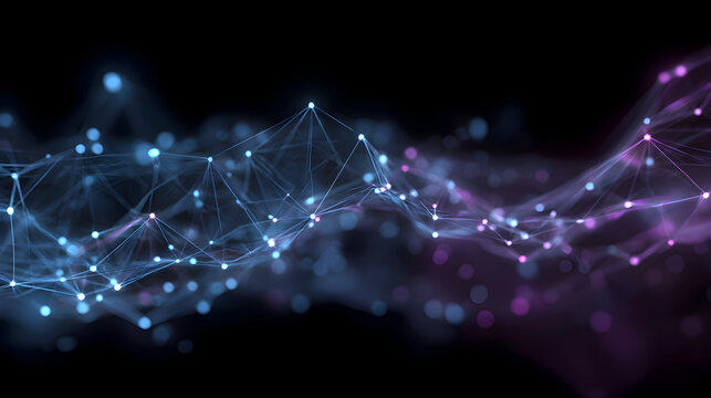 Abstract Network of Glowing Nodes and Lines in Deep Space with Bokeh Effect.