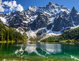 Fototapeta premium A breathtaking panoramic view of majestic snow-covered mountains reflecting in the crystal clear water of a tranquil alpine lake