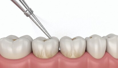  Oral hygiene: Air flow teeth cleaning process. Dental 3D illustration 