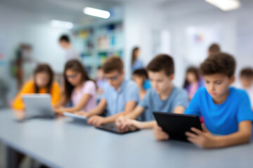 engaging english language test scene featuring blurred white text bars for ar answers