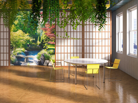 Fototapeta Modern office meeting corner with Japanese garden wallpaper and yellow chairs