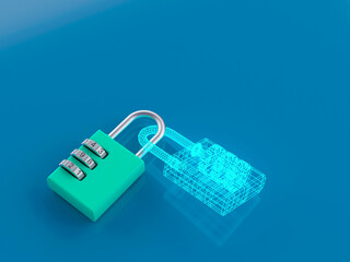 Padlock and wireframe digital twin symbolizing data security and connectivity