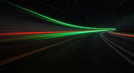 Abstract light trails in a dark tunnel, creating dynamic motion and futuristic feel