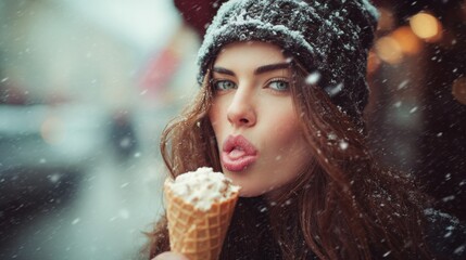On a snowy day, a beautiful brunette woman licking ice cream from a cone on the street