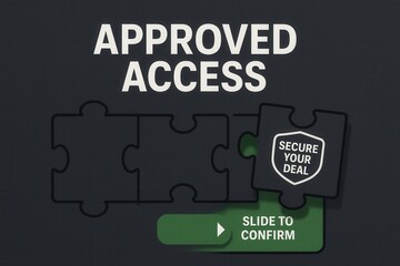 Approved Access and Secure Your Deal offer with Slide to Confirm action button, modern digital style, engaging user interaction promo.