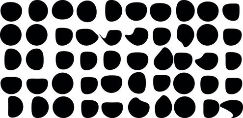 Blob shape organic set. Random black cube drops simple shapes. Pebble, inkblot, drops and stone silhouettes. Collection of paint liquid black blotch spot irregular form 