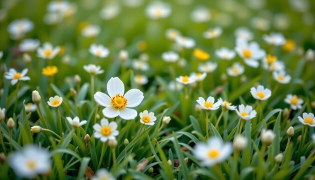 Pastel Green Spring Meadow with White and Yellow Flowers