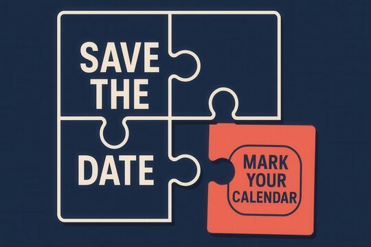 Save the Date and Mark Your Calendar announcement banner, modern puzzle style, engaging retail promo invitation.