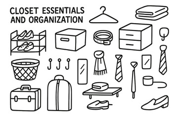 Closet Organization Essentials. Hand-drawn doodle illustration Closet essentials and organization hanger, folded clothes, shoe