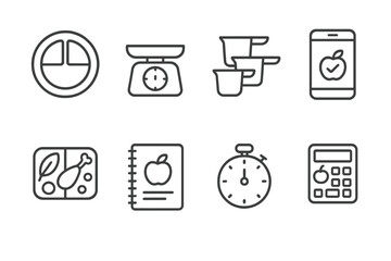 Serving Size Icons. Outline icon set of serving size control methods: portion plate, food scale, measuring cups, calorie tracker,