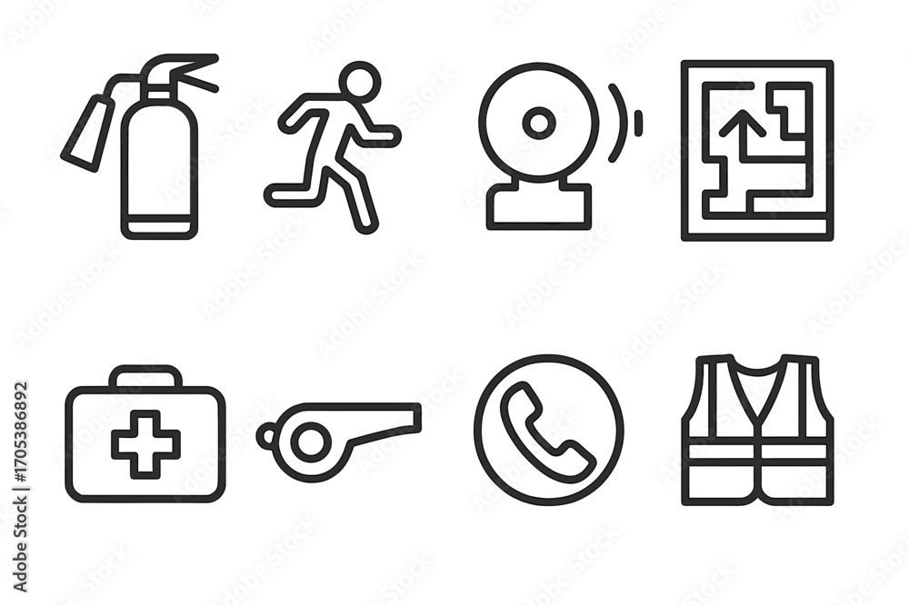 Poster emergency protocol icons. outline icon set of emergency protocols: fire extinguisher, emergency exit