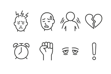 Stress Icon Set. Outline icon set of stress: headache, sweating face, tense muscles, broken heart, alarm clock, clenched fist,