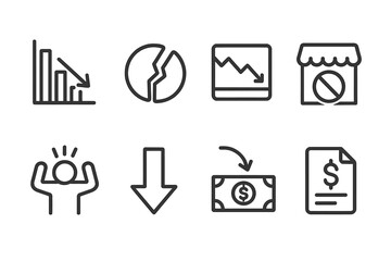 Market Collapse Icons. Outline icon set of market collapse: falling bar chart, broken coin, stock ticker drop, closed market,