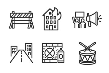 Obraz premium Rebellion Icons Set. Outline icon set of rebellion environments: barricade, burning building, protest crowd, megaphone, street,