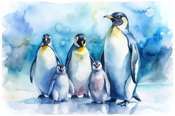 Obraz premium Watercolor penguin family in icy background