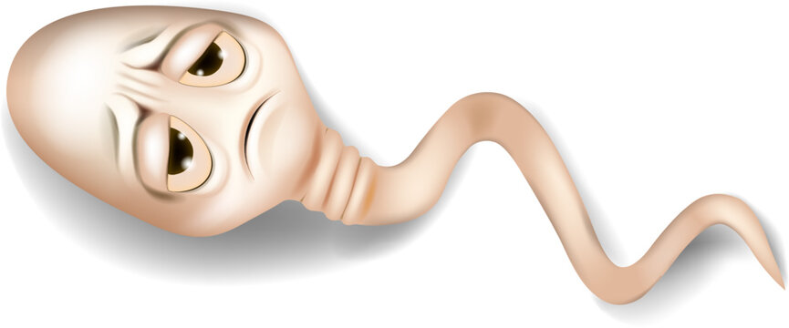 A humorous cartoon illustration of a sperm cell with a sad and tired facial expression. The character is designed in a semi-realistic 3D style, isolated on a white background. 