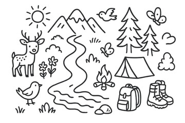Naklejka premium Nature Retreat Icons. Hand-drawn doodle illustration nature retreat forest path, deer, wildflowers, river, pine trees, tent,