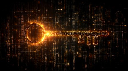 Glowing digital key symbol with cyber matrix background for data security
