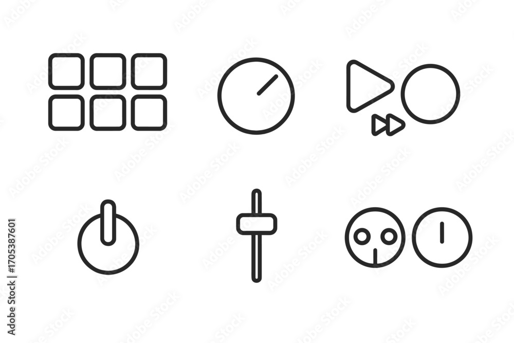 Poster midi controller icons. outline icon set of midi controller panel: drum pads, tempo dial, play/pause,