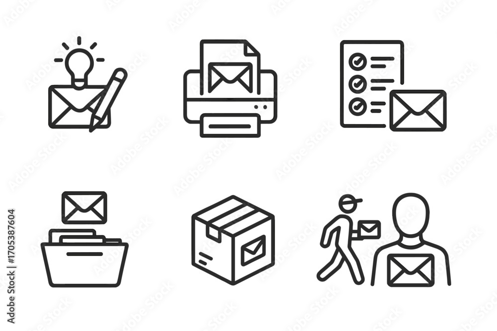 Poster direct mail icons. outline icon set of direct mail processes: design concept, print run, mailing lis