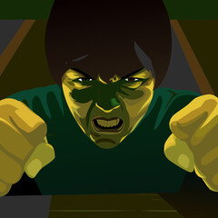 A furious young man screaming with eyes wide open, expressing deep anger and emotional stress, sketch-style illustration.