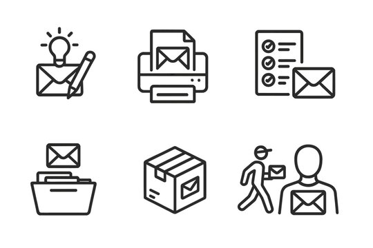 Direct Mail Icons. Outline icon set of direct mail processes: design concept, print run, mailing list, sorting, packaging,