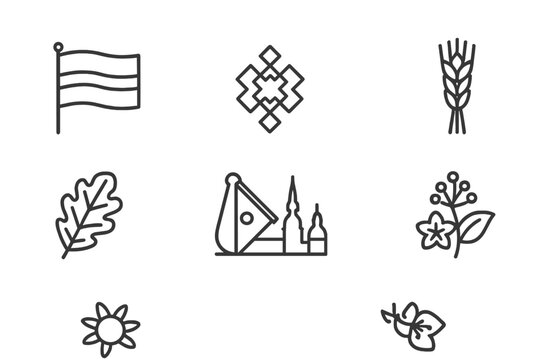 Latvian Icon Set. Outline icon set of Latvian symbols: national flag, folk ornament, oak leaf, rye sheaf, kokle instrument, Riga