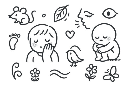 Shy Expressions Doodle. Hand-drawn doodle illustration timidity shy face, hiding behind hand, blushing cheeks, small mouse, closed