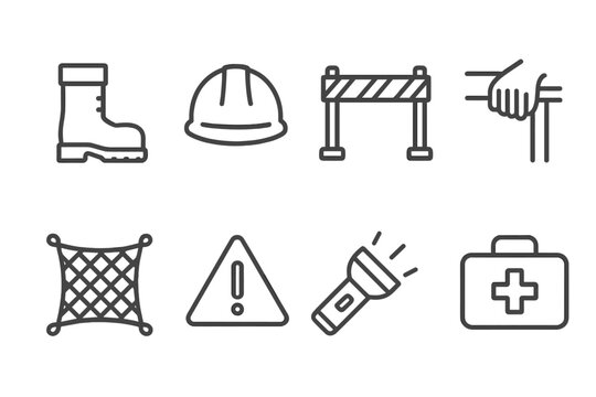 Safety Precaution Icons. Outline icon set of precaution measures: safety boots, helmet, guardrails, handrails, safety net, warning