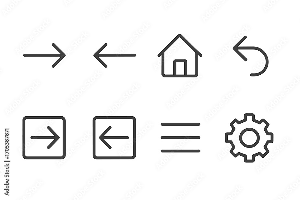 Poster navigation icon set. outline icon set of navigation calls to action: arrow right, arrow left, home b