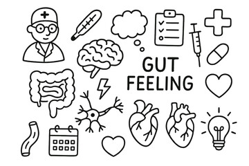 Gut-Brain Doodle. Hand-drawn doodle illustration gut feeling gut-brain axis gut, brain, neurons, nerve, syringe, clipboard, pill,