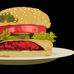 Classic cheeseburger with sesame bun, lettuce, tomato, and melted cheese, detailed vector drawing of delicious fast food.